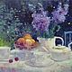 Картина маслом натюрморт цветы, сервиз и фрукты на столе 40 на 60 см, Картины, Москва,  Фото №1