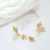 Свадебный салон handmade. Livemaster - original item Double comb for hair in the bride`s hairstyle, gold with pearls. Handmade.