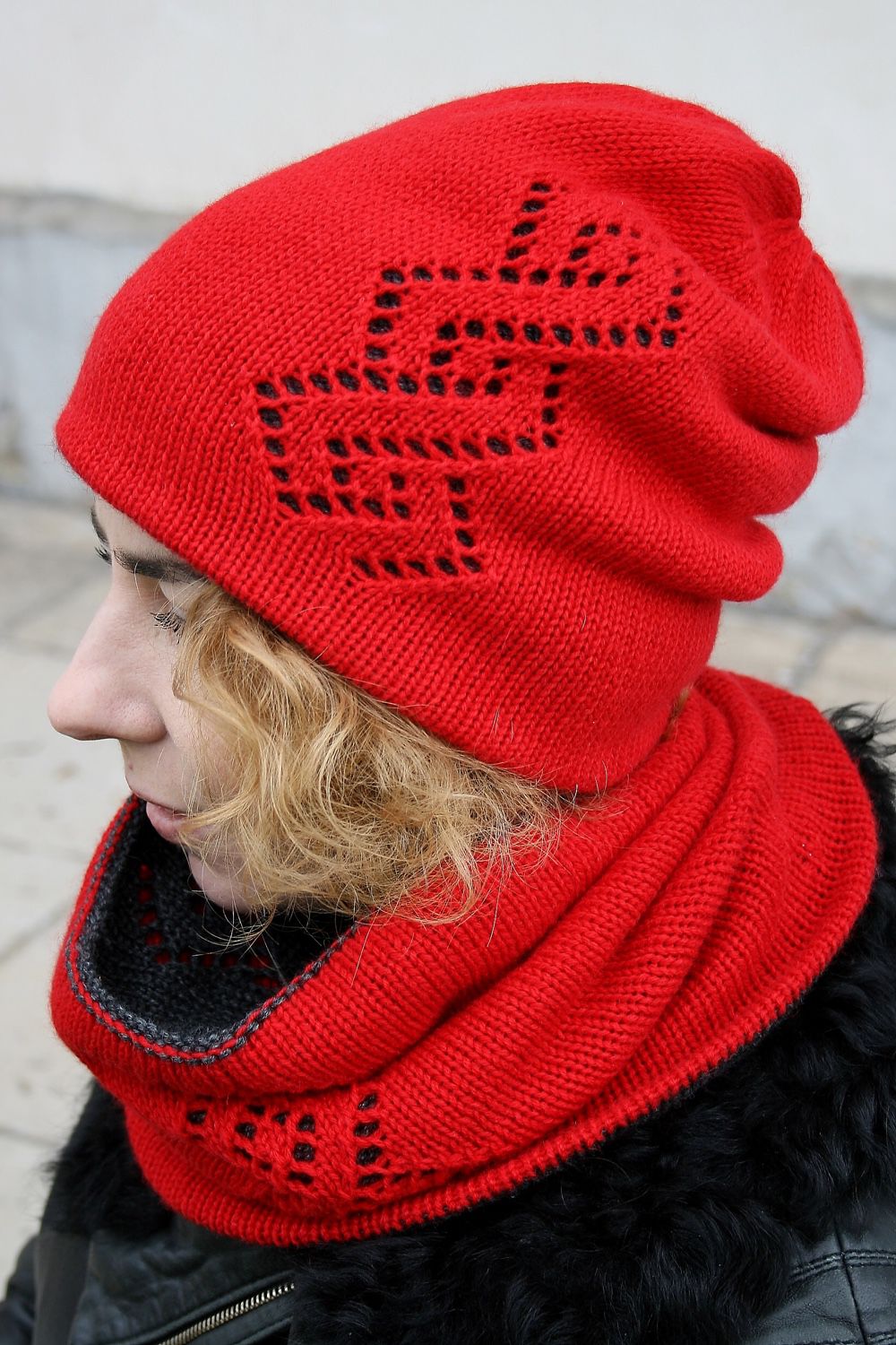 двухсторонний комплект шапка и снуд с ажуром заказать на
