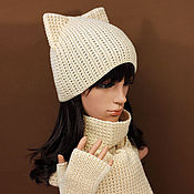 Аксессуары handmade. Livemaster - original item Set: hat with ears, scarf, knitted women`s mitts. Handmade.