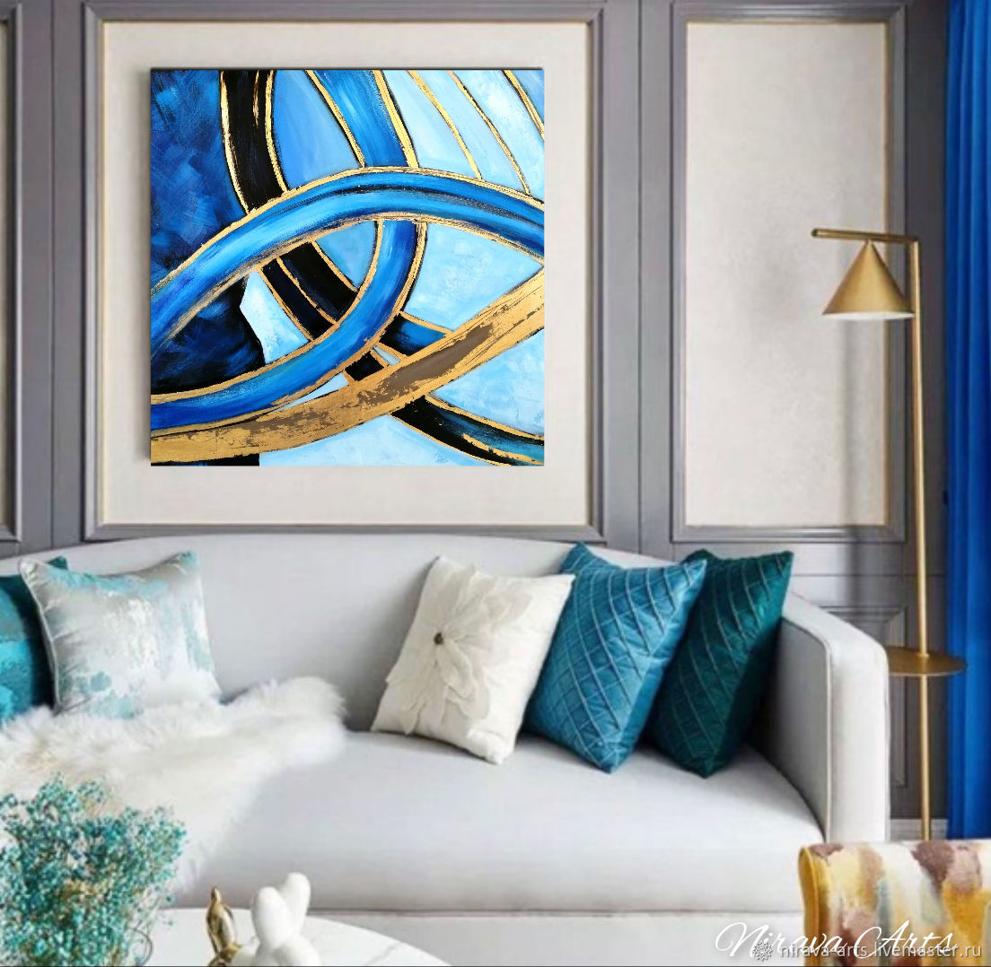 Картина интерьерная 80x80 абстракция картина синий голубой золото, Картины, Краснодар,  Фото №1
