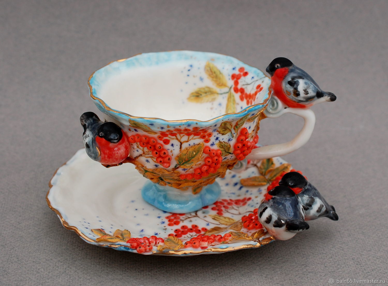 'Bullfinches on mountain ash'. A couple of tea, Single Tea Sets, Moscow,  Фото №1