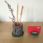 Канцелярские товары handmade. Livemaster - original item Business card holder table wooden with pencil holder rustic style of cuts. Handmade.