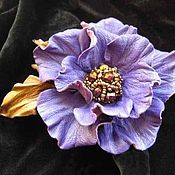 Кожаная брошь кожаная заколка цветок фиолетовый сиреневый вьюнок