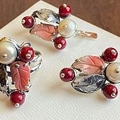 Украшения ручной работы. Ярмарка Мастеров - ручная работа Clemence.  Earrings and Ring with pearls and corals in silver. Handmade.