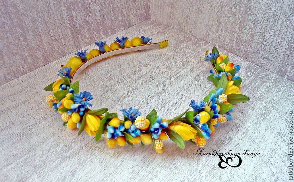 желто голубой ободок. сине-жёлтый ободок. ободок с цветами из фоамирана. красивый украинский ободок на голову. ободок с цветами.