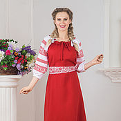 Платье льняное русское традиционное Лазурь