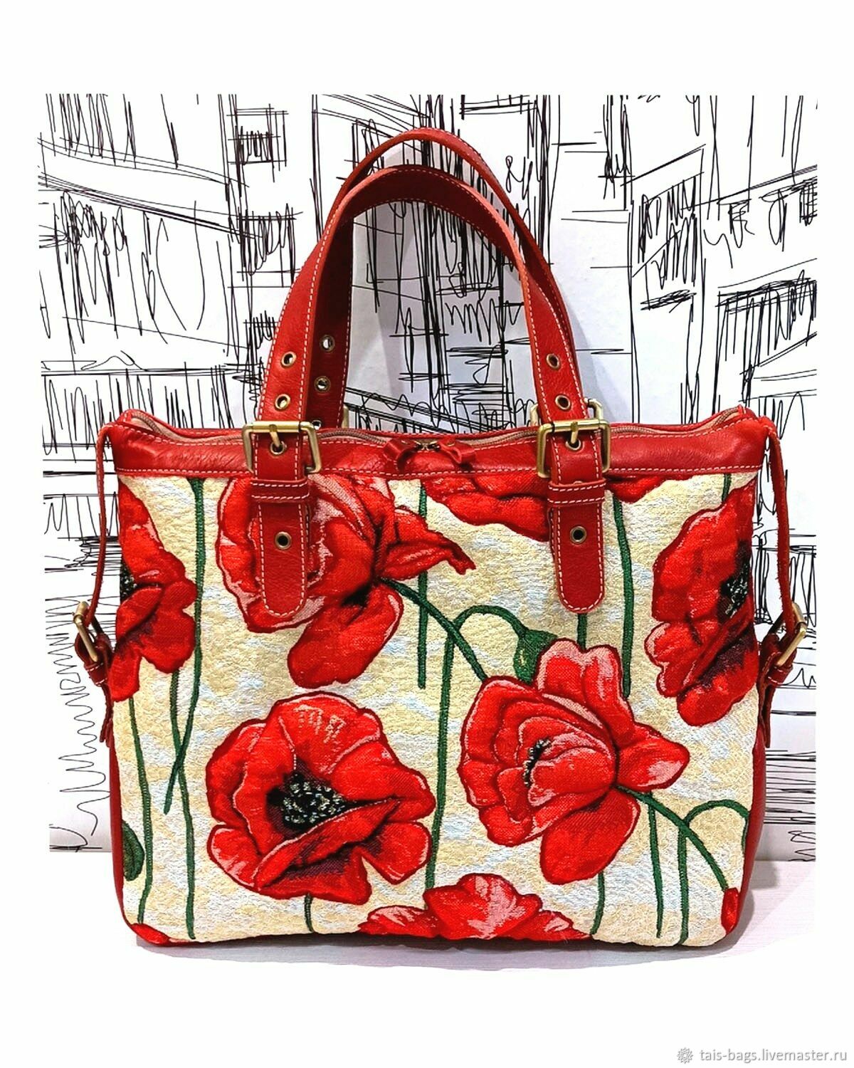Classic bag: KATYUSHA with poppies made of genuine leather and tapestry, Classic Bag, Izhevsk,  Фото №1