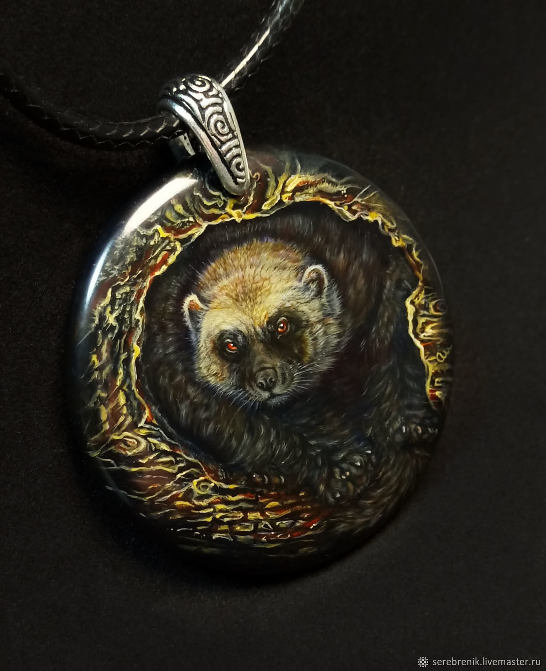 Wolverine-totem pendant with author's painting on black agate, Pendant, Moscow,  Фото №1