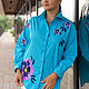 The author's shirt with stripes of azure color with bright embroidery. Shirts. NATALINI. My Livemaster. Фото №6