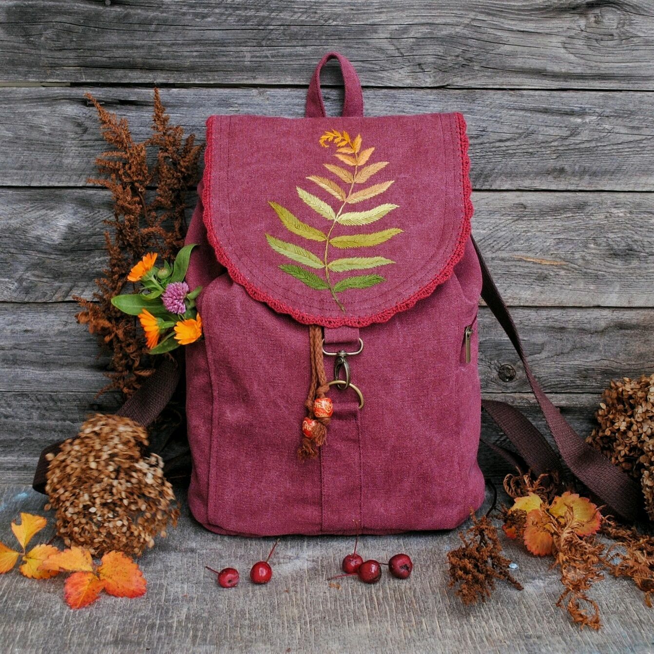 Canvas backpack with embroidery 'Autumn fern', Backpacks, Rybinsk,  Фото №1