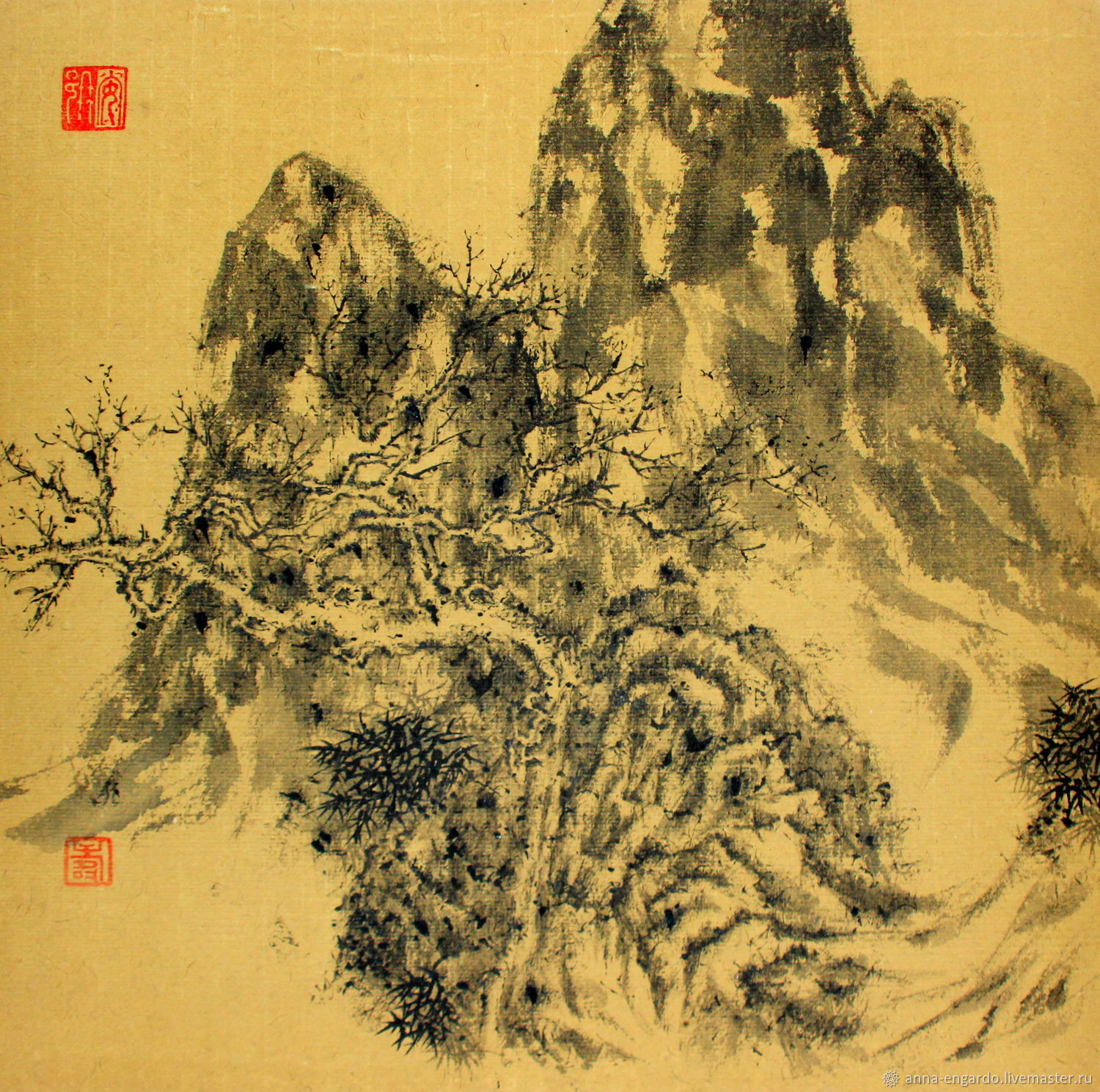 Картина китайский пейзаж(графика тушью горы дерево гохуа купить в ...