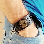 Wide leather bracelet for men with coin