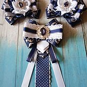Украшения handmade. Livemaster - original item White and blue set of bows and tie brooch to school on September 1. Handmade.