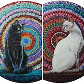 Картины и панно handmade. Livemaster - original item Black cat, white cat. Two round oil paintings. Handmade.