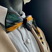 kit: A bow tie with pheasant feathers and a boutonniere on a pin