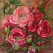 Oil painting pink peonies on the wall