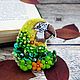 Вышитая брошь зеленый попугай ара, Брошь-булавка, Калуга,  Фото №1