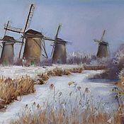 Картины и панно handmade. Livemaster - original item Painting with windmills (winter landscape ochre, white, blue). Handmade.