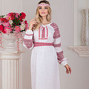 Платье льняное в русском стиле Капитанская дочка с орнаментом