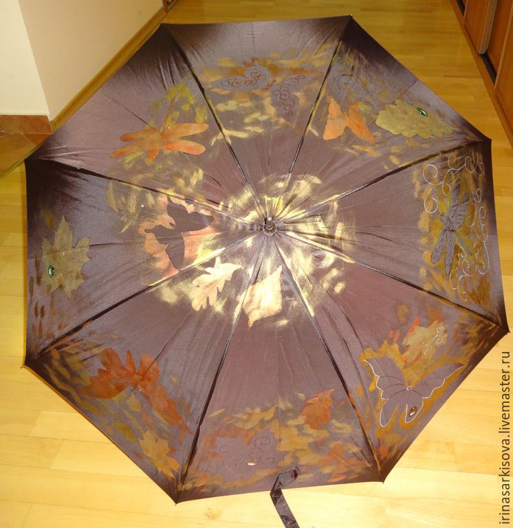 Мастер зонтиков. Осенний зонтик декор. Коричневый зонт. Роспись зонта.