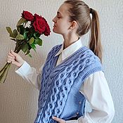 Одежда handmade. Livemaster - original item Women`s knitted vest with braids (sleeveless jumper) V neck. Handmade.