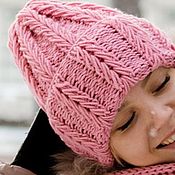 Аксессуары handmade. Livemaster - original item Women`s knitted hat, voluminous, with a lapel in the color of a dusty rose. Handmade.