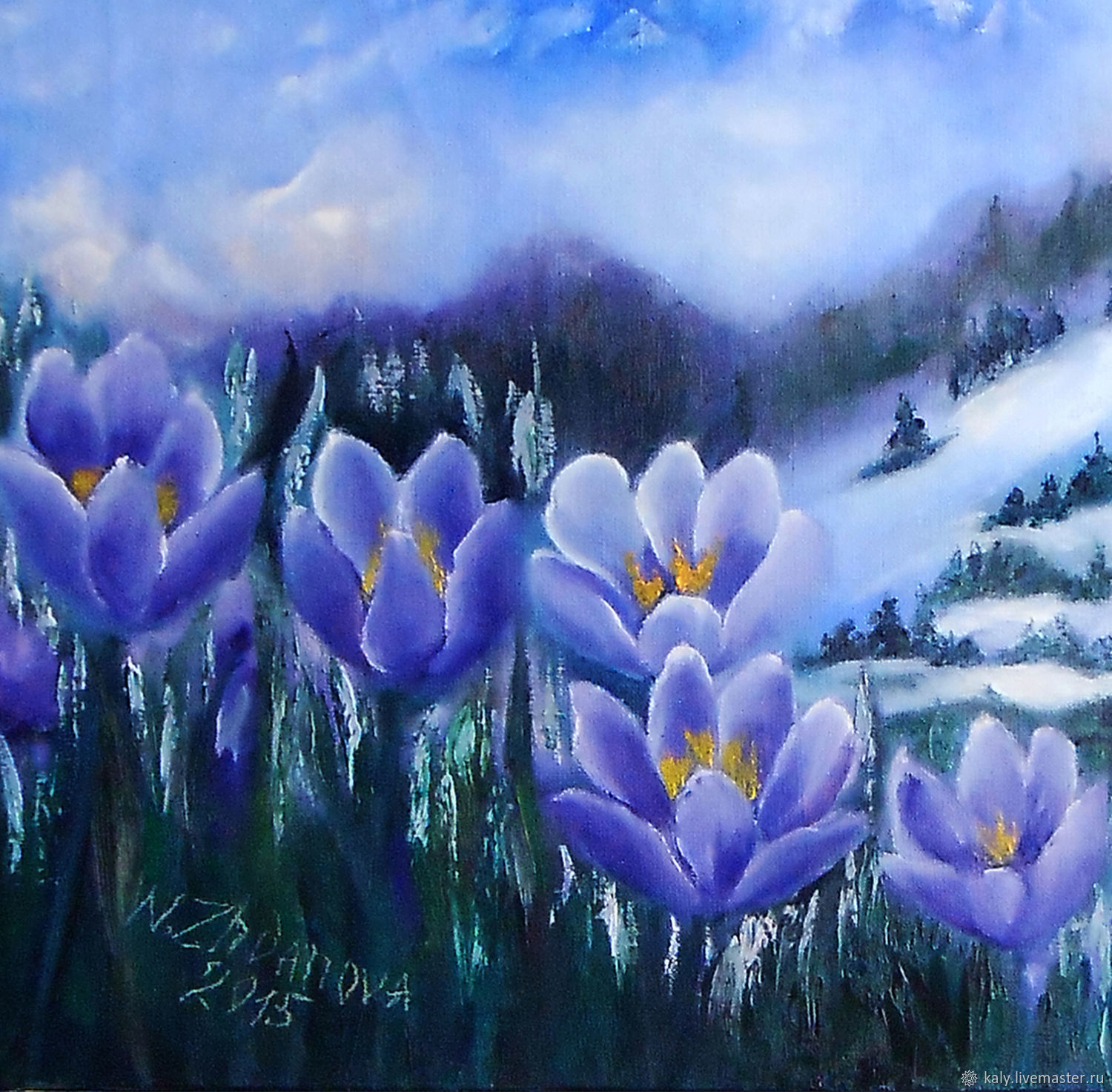 Spring Flowers Snowdrops Original Oil Painting Mountain Landscape