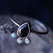 Украшения handmade. Livemaster - original item Silver ring with black cubic zirconia drop and natural opals. Handmade.