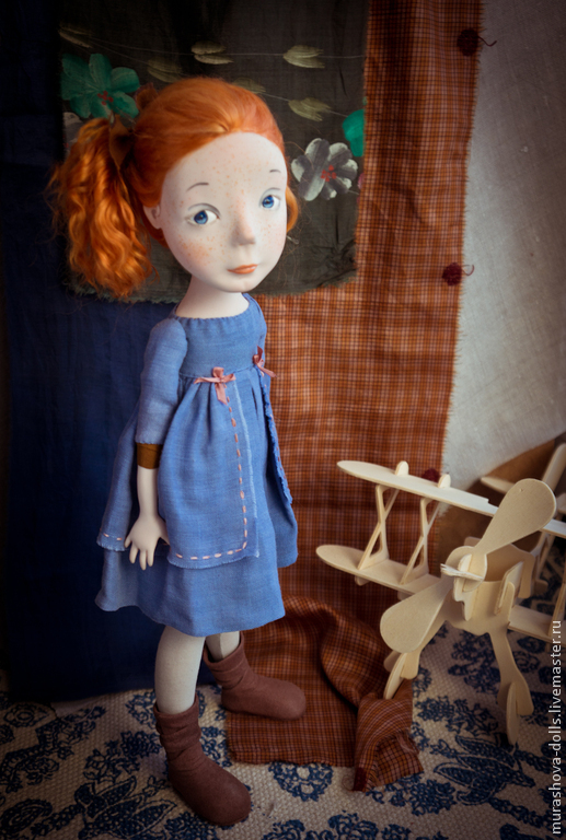Купить Рыжая в голубом - синий, девочка, авторская кукла, ручная работа ...