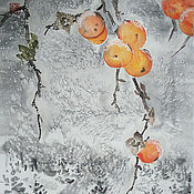Картина Цвет персика, японская живопись суми-э 32x32 весна цветы тушь