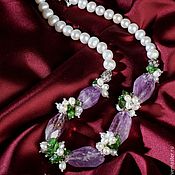 Sautoir of pink opal, pearls, morganite 