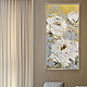 Vertical small painting of three-dimensional peonies. White flowers on gold, Pictures, Moscow,  Фото №1