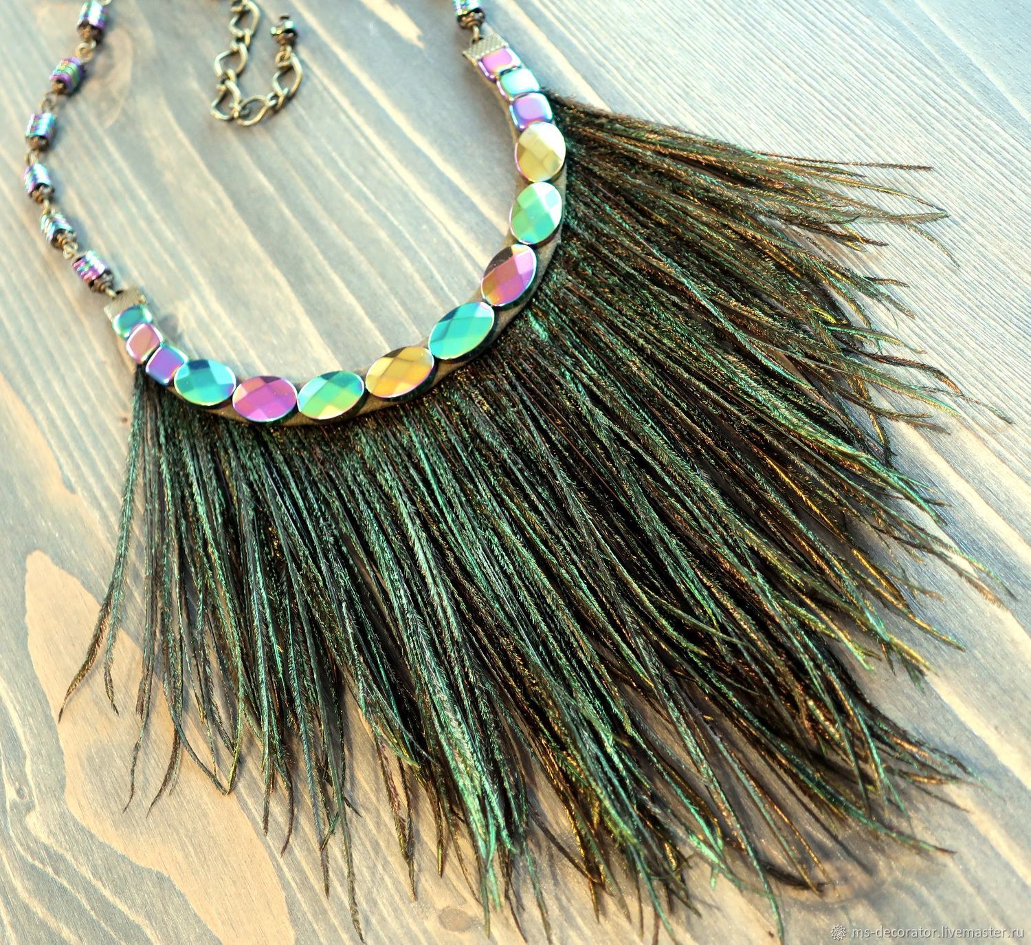 Necklace Bird of Happiness Peacock feathers, hematite and genuine leather, Necklace, St. Petersburg,  Фото №1