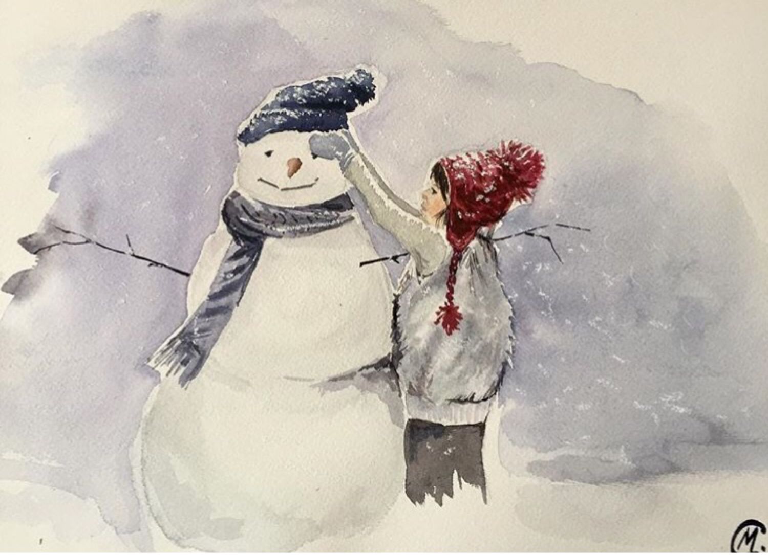 Девочка и Снеговик акварель