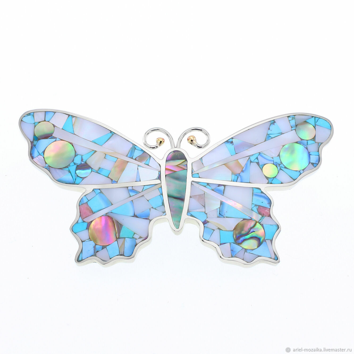 Brooch BUTTERFLY. Brooch with turquoise, mother of pearl, rhodonite, Brooches, Moscow,  Фото №1