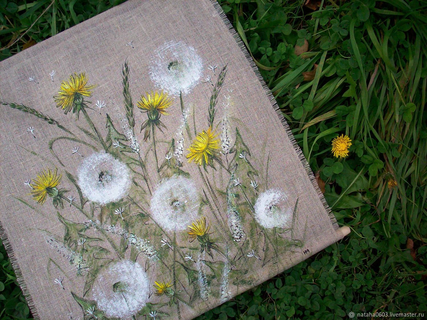  Favorite dandelions Linen panel-scroll Hand painted, Panels, Shuya,  Фото №1
