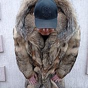 Верхняя одежда мужская: Куртка из меха волка с кожаными вставками