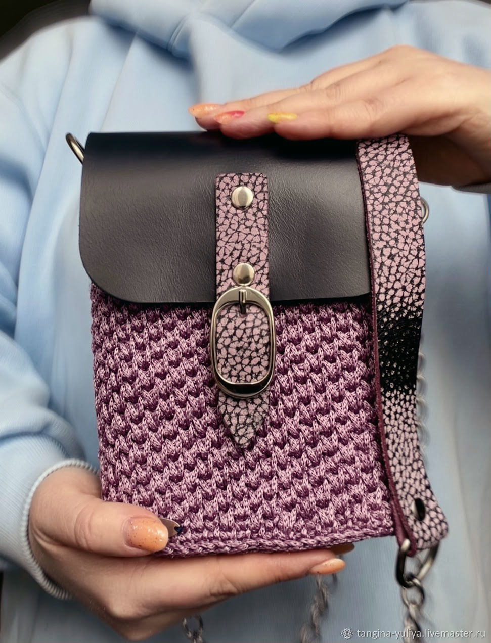 Женская мини сумка вязаная крючком из полиэфирного шнура Сирень, Сумка через плечо, Фрязино,  Фото №1