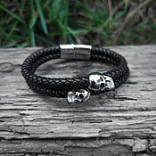 Украшения handmade. Livemaster - original item Two skulls — leather bracelet with steel elements (for a man`s hand). Handmade.