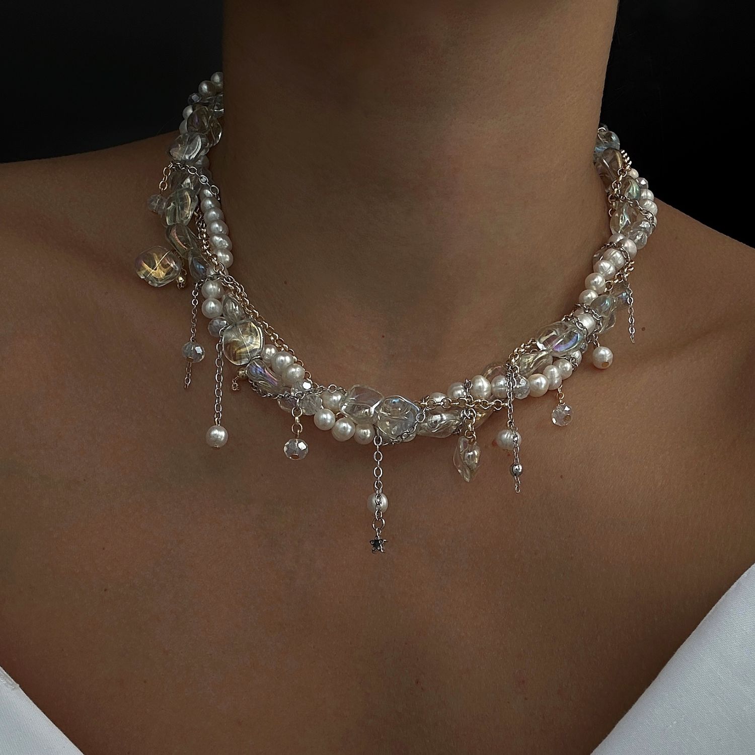 Многослойное колье из натурального жемчуга стекла с подвесками в ...