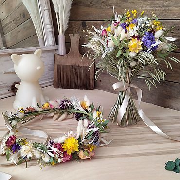 Свадебный салон ручной работы. Ярмарка Мастеров - ручная работа Свадебные букеты: Венок и букет для невесты из ярких сухоцветов.. Handmade. Свадебный салон ручной работы. Ярмарка Мастеров - ручная работа Свадебные букеты: Венок и букет для невесты из ярких сухоцветов.. Handmade.