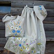 Сумки и аксессуары handmade. Livemaster - original item Skirt, bag and panama Wildflowers. len. Painting.. Handmade.