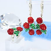 Украшения handmade. Livemaster - original item Rose jewelry set with coral and cubic zirconia in silver IV0021. Handmade.