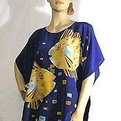 Платье Туника"Солнышки"-2(бирюзовый)100% шелк ручная роспись Батик