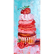 Картины и панно handmade. Livemaster - original item Painting Cupcake Oil 10 X 20 Cardboard Berries Dessert Still Life Kitchen. Handmade.