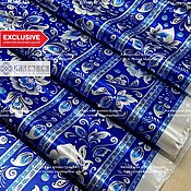 Материалы для творчества handmade. Livemaster - original item The fabric is satin Silver Khokhloma pattern on blue. Handmade.