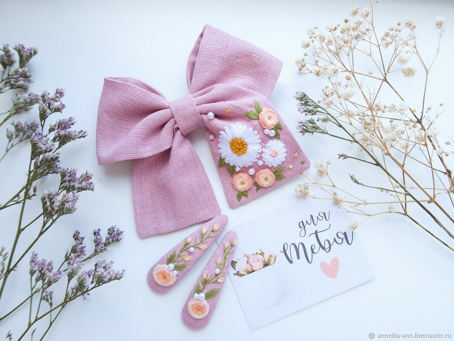 Бант Заколка розовый Лен - вышивка цветы, Заколки, Фрязино,  Фото №1