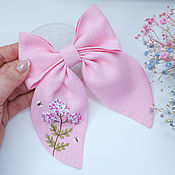 Украшения handmade. Livemaster - original item Soft pink bow (linen) - Hydrangea embroidery. Handmade.