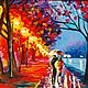 Painting Couple in love alley lanterns autumn oil palette knife, Pictures, Ekaterinburg,  Фото №1